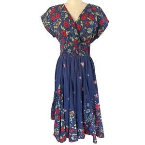 J.Peterman Vintage Cotton Midi Dress in Blue with Red Flowers Size 10